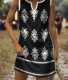 preiswerte -Damen Minikleid Sommerkleid A Linie Kleid Schulterfreies Kleid Lässig Ferien Strand Normale Passform Grafik Stammes Ärmellos V Ausschnitt Schwarz Weiß Rote Grau Sommer Frühling