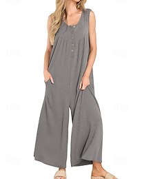 abordables -Mujer Normal Mono Ropa de calle Color sólido Sin Mangas Escote en U Botones Bolsillo Calle Diario Ajuste regular Negro Azul Marino Azul Piscina Verano