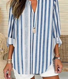 economico -Per donna Camicia Floreale A righe Elegante Moderno Manica Lunga Scollo a V Top Regolari Quotidiano Ferie Bottoni Stampato Rosa Blu Reale Blu Grigio Estate