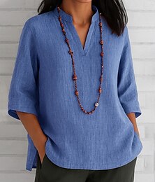 economico -Per donna Camicie di cotone e lino Tinta unica Essenziale Casual Manica 3/4 Scollo a V Top Regolari Quotidiano Rosso Blu Verde Cachi Estate Primavera