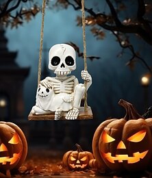 お買い得  -ハロウィンのスケルトンと猫のブランコのクリエイティブな樹脂製の置物、不気味な幽霊の頭の吊り下げ飾り、ハロウィンの樹脂製の家やパーティーの装飾