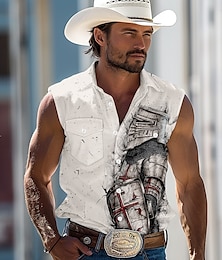 economico -Per uomo Cavalieri Templari Camicia Camicia Western Camicia da cowboy Senza Maniche Stile Western All'aperto Lavoro Casual Estate Primavera Collo ripiegato Stampa 3D Camicie con bottoni Bianco Verde