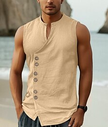 economico -Per uomo Camicia Camicia di lino Camicia Estiva Camicia da Spiaggia Camicia vintage Maglietta senza maniche Semplice Vacanza Ferie Nero Bianco Blu Cachi Senza Maniche Collo alla coreana Estate