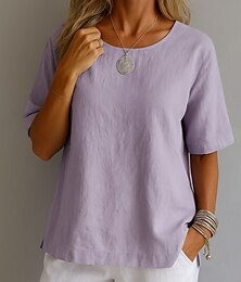 economico -Per donna Camicia Top Bianco in Cotone Tinta unica Elegante Vintage Essenziale Manica Corta Girocollo Top Regolari Quotidiano Uscire Weekend Bianco Giallo Rosa Viola Verde Estate Primavera