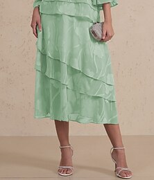abordables -Femmes Jupe Élégant Midi Taille Moyenne Jupes Floral Superposé Non Elastique Soirée Décontracté Vert cendré Été Chiffon