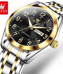 お買い得  -olevs 3666 高級メンズ腕時計 ステンレススチール 防水 デュアルカレンダー クラシック 大型デジタル文字盤 オリジナルクォーツ時計