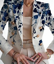 economico -Per donna Blazer Traspirante Confortevole Stampato Elegante Casual Foglia Formale Lavoro Ufficio / Carriera Doppiopetto Regolare Collo ripiegato Vestibilità regolare Manica Lunga Capispalla Bianco