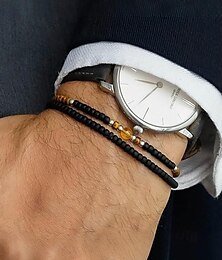 economico -Set di braccialetti da uomo con perline in pietra naturale, perline nere opache e occhio di tigre con accenti gialli, stile minimalista per occasioni aziendali, casual e regalo