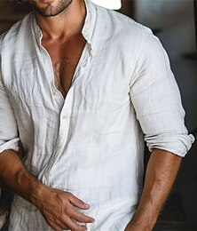 economico -Per uomo Camicia Camicia di lino Camicia casual Camicia con Bottoni Camicia di cotone Semplice Vacanza Camicia hawaiana Bianco Beige Manica Lunga Colletto alla coreana Primavera Autunno Abbigliamento