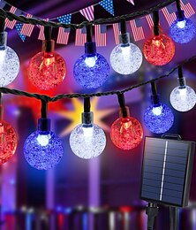 billige -1 stk 12m-100 LED-perler utendørs solcelledrevet patriotisk lyslenke vanntett 4. juli uavhengighetsdag rød hvit blå boblekule lyslenke gårdsplass hage gjerde balkong fest patriotisk atmosfære