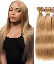 preiswerte -brasilianisches Haar Menschenhaar 27 # Farbe Haar hellbraun 3 Bündel glattes Haar Haar Menschenhaarverlängerungen
