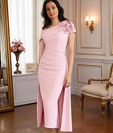 abordables -Robe fourreau  colonne robe mère de la mariée robe formelle élégante vintage épaule unique longueur thé tissu extensible manches courtes avec appliques plissées robe de derby robe de jour de course