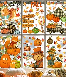 abordables -Lot de 9 feuilles d'autocollants statiques pour fenêtre, décorations de Thanksgiving, double face, épouvantail, hérisson, feuille d'érable, citrouille, pour décoration de maison, récolte d'automne