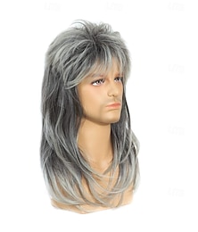 abordables -Perruques mullet grises dégradées pour hommes perruques rock and roll années 80 longueur épaule aspect naturel perruque en fibre synthétique résistante à la chaleur cosplay de film perruques Halloween