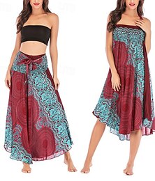 abordables -Femmes Jupe Trapèze Évasé Occasionnel Boho Maxi Taille haute Jupes Fleuri Imprimé Micro-Élastique Vacances Fête Blanche Vin Bleu Roi Vert foncé Été Polyester
