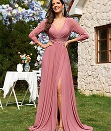 levne -A-line šaty k patnáctinám elegantní šaty formální svatební dlouhé dlouhé rukávy v krku do V chiffon s žebrováním a sklady