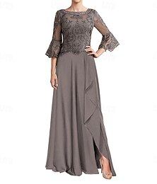 abordables -Robe de la mère de la mariée A-Line robe élégante encolure ras du cou longueur de sol chiffon manches longues couleur unie