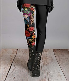 baratos -Mulheres Calças Leggings Leggings aconchegantes Roupa de rua Casual Comprimento total Natural Flor Cintura elástica Imprimir Confortável Exterior Ao ar livre Férias Feriado Cinza escuro Vinho Preto