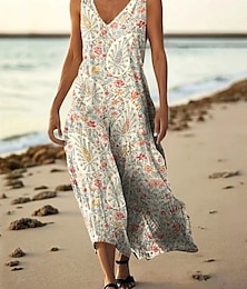 abordables -Femmes Robe Longue Maxi Robe Robe Décontractée Robe débardeur Robe d'été africain Quotidien Fête Plage Coupe régulière Fleuri Sans manches Col en V Rose Claire Rouge bleu marine Violet Été