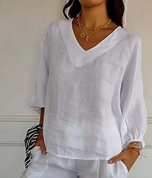 preiswerte -Damen Bluse Einfarbig Elegant Stilvoll Lässig Langarm V Ausschnitt Normale Oberteile Täglich Ferien Weiß Khaki Beige Sommer Frühling