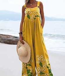 abordables -Mujer Mono Activo Floral Sin Mangas Sin Mangas Perneras anchas Bolsillo Botones Vacaciones Diario Holgado Negro Blanco Amarillo Verano