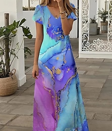 baratos -Mulheres Vestido midi Vestidos Para o Verão Vestido A Line Férias Casual Boho Para Noite Ajuste Largo Âmbar Gráfico Geométrica Manga Curta Decote V Azul Marinha Azul Azul Céu Roxo Verão Primavera
