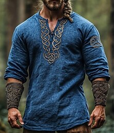 economico -Per uomo Camicia di lino Camicia popover Camicia Estiva Maglia Henley Camicia vintage Camicia a Maniche Corte Boho Vacanza Streetwear Blu scuro Mezza Manica Scollo a V Estate Primavera Abbigliamento
