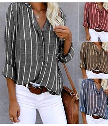 baratos -Mulheres Camisa Social Gráfico Listrado Vintage Tropical Diário Manga Longa Colarinho de Camisa Tops regulares Trabalho Diário Feriado Botões Imprimir Azul denim Verde Tropa Castanho Claro Cinzento