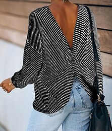 abordables -Mujer Blusa A Rayas Elegante Casual Manga Larga Cuello Barco Tops regulares Diario Estampado Negro Gris Verano Primavera Otoño