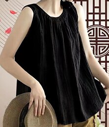 economico -Per donna Camicie di cotone e lino Canotta a canotta Tinta unica Essenziale Casual Senza Maniche Girocollo Top Regolari Quotidiano Nero Blu marino Viola Verde Grigio Estate