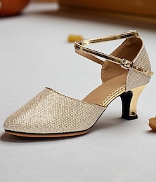 economico -Scarpe da ballo professionali da donna in rete glitterata con dettagli metallici dorati e cinturino regolabile alla caviglia per balli da sala e latino-americani