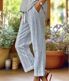 abordables -Femmes Chinos Droit Vacances ancien Style Ethnique Longueur complète Taille haute Rayure Lignes / Vagues Bandes Respirant Doux Extérieur Micro-Élastique Extérieur Vacances Occasionnel Blanche Bleu