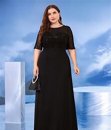 abordables -Robe A-Line grande taille robe élégante courbes formelle mariage longueur sol à demi-manches col rond chiffon avec perles