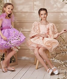 preiswerte -Blumenmädchenkleid Mädchen Partykleid Hochzeit Party Prinzessin Süß Weihnachten Karnival Gerafft Einfarbig Trägerlos Rundhalsausschnitt Hellgelb Purpur Ab 4 Jahren