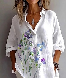 economico -Per donna Camicia Floreale Grafico Vintage Tropicale Quotidiano Manica Lunga Colletto a Camicia Top Regolari Lavoro Quotidiano Ferie Bottoni Stampato Bianco Azzurro Estate Primavera
