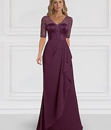 preiswerte -A-Linie Mutter der Braut Kleid Hochzeitsgast elegante V-Ausschnitt bodenlang Chiffon halblange Ärmel mit Rüschen einfarbig