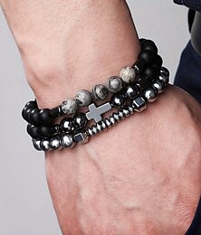 economico -Set di braccialetti con perline di ossidiana e croce da uomo - perline di ossidiana opaca multistrato e metallo con decorazione in pietra preziosa grigia, design elastico, stile bohémien, adatto per l'uso quotidiano o per uscite informali