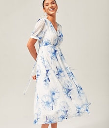 economico -abito lungo in chiffon blu con stampa floreale e inchiostro