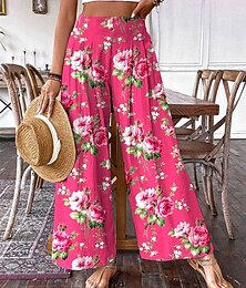 abordables -Mujer Pantalones Pantalones palazzo Moda Boho Longitud total Alta cintura Floral Cintura elástica Confortable Cómodo Microelástico Calle Ropa Cotidiana Noche Rosa Naranja Verano Primavera Ajuste