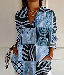 economico -Per donna Camicia Grafico Geometrico Astratto Vintage Quotidiano Elegante Manica Lunga Colletto a Camicia Top Regolari Lavoro Quotidiano Bottoni Stampato Blu Viola Verde Cachi Estate Primavera