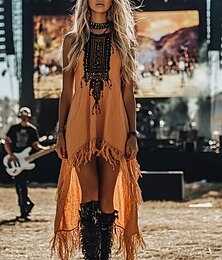 economico -Per donna Abito Midi Abito Boho Abito occidentale Moda Moderno All'aperto Vacanza Ferie Vestibilità regolare Fiore Senza Maniche Girocollo Arancione Estate