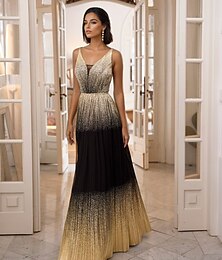preiswerte -Schwarzes und goldenes A-Linien-Abendkleid, elegantes Kleid, formelle Hochzeit, bodenlang, ärmellos, V-Ausschnitt, wandelbarer Chiffon mit Rüschen, 2025