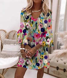ieftine -Pentru femei Rochie Mini Rochie A line Vacanță Casual Boho Manșon Flare cuff Petrecere Zilnic Concediu Potrivire Largă Floral Lungime Manșon 3/4 În V Multicolor