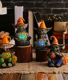 economico -Statuetta in resina raffigurante un folletto di Halloween che tiene in mano una zucca con luci, ornamento artigianale in resina raffigurante un elfo luminoso, decorazione da tavolo per la casa