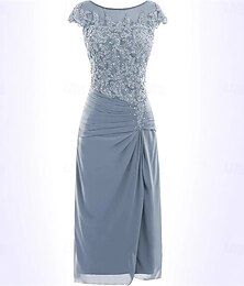 abordables -Robe sirène  trompette mère de la mariée élégante simple col rond longueur cheville chiffon manches courtes avec couleur unie