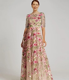 levne -Květinově vyšívané A-Line šaty matky nevěsty formální elegantní vintage iluze krk podlahové délky tyl s polovičním rukávem s aplikacemi květin