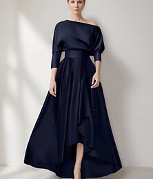 levne -Šaty do áčka večerní šaty Elegantní šaty pro formální svatbu asymetrické dlouhý rukáv jedno rameno kapsy satén s volány a rozparkem