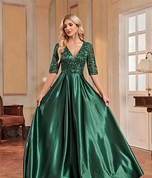 abordables -Ligne A Robes de Quinceanera Élégant Robe Formel Mariage Longueur au sol Demi Manches Col en V Satin avec Plis 2025