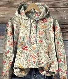 abordables -Mujer Sudadera con capucha Pullover Floral Graphic Cachemir Vintage Moda occidental Manga Larga Con Capucha Tops regulares Calle Uso Diario Festivos Estampado Bolsillo delantero Azul Piscina Naranja