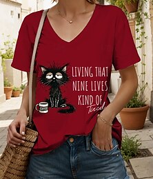 baratos -Mulheres Camiseta Gráfico Animal Gato Vintage à moda Clássico Manga Curta Decote V Tops regulares Diário Imprimir Preto Branco Rosa Vermelho Azul Verão Primavera